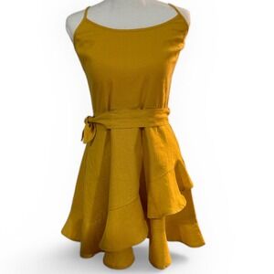 Speechless Mustard Yellow Linen Blend Ruffle Wrap Dress Crisscross Back M